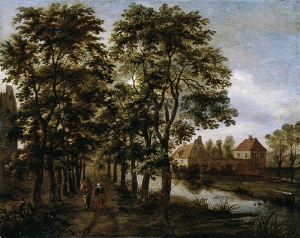 Tree-lined canal landscape by Pieter Jansz van Asch